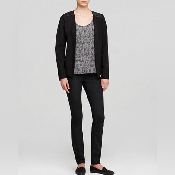 Eileen Fisher Angle Front Jacket Cardigan Ponte Leather Trim Asymmetric Black XS - Picture 6 of 16